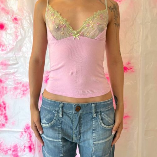 BABY PINK TANK WITH GREEN LACE