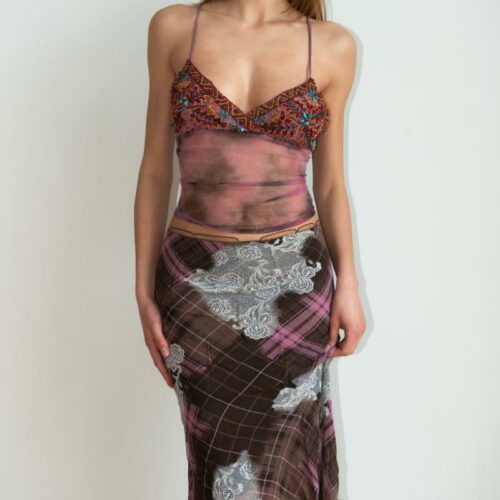 PLAID & LACE PRINT SKIRT